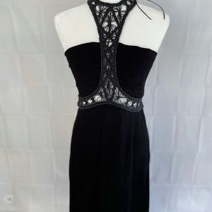 Max Mara black evening dress with braided leather halter and waist panel